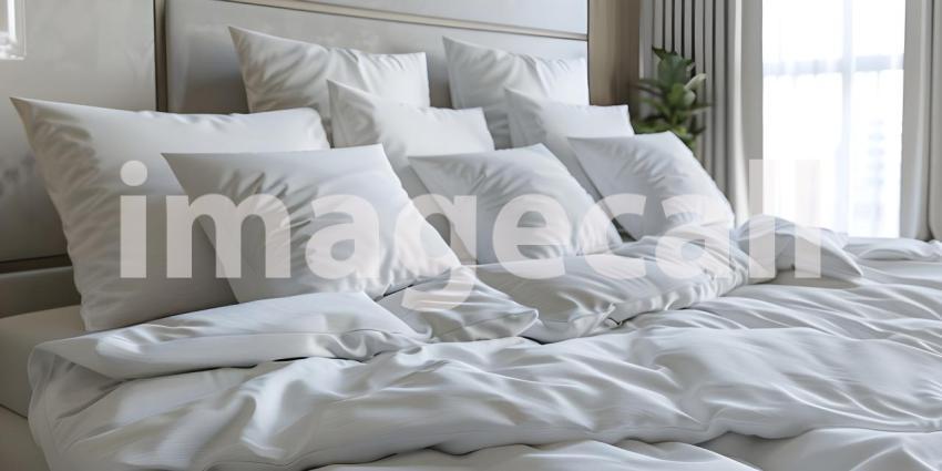 Comfortable bed with soft white pillows and bedding in bed background - Ai Generated