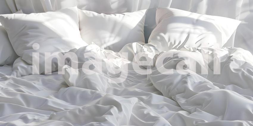 Comfortable bed with soft white pillows and bedding in bed background - Ai Generated
