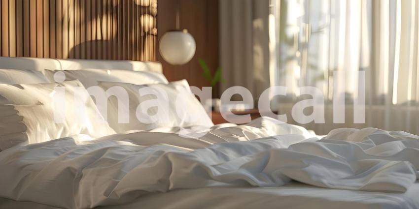 Comfortable bed with soft white pillows and bedding in bed background - Ai Generated