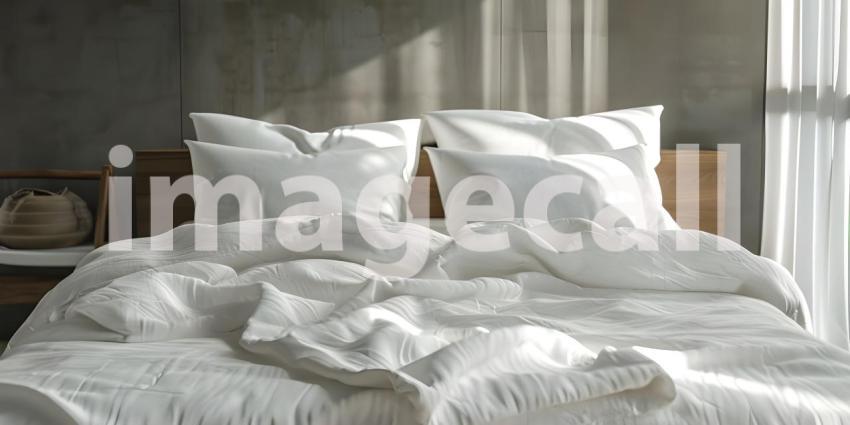 Comfortable bed with soft white pillows and bedding in bed background - Ai Generated