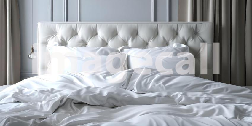 Comfortable bed with soft white pillows and bedding in bed background - Ai Generated