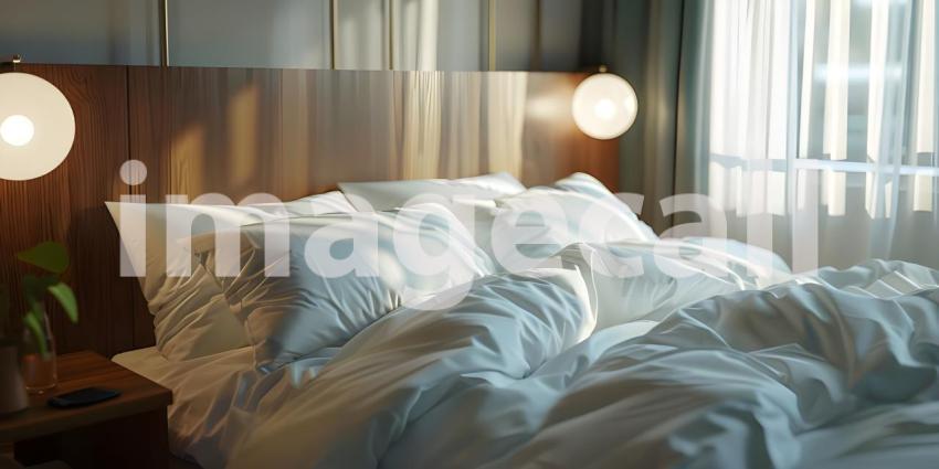 Comfortable bed with soft white pillows and bedding in bed background - Ai Generated