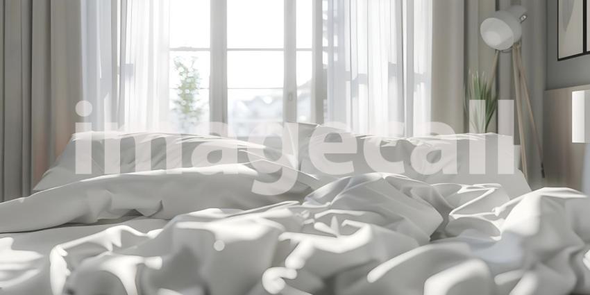 Comfortable bed with soft white pillows and bedding in bed background - Ai Generated