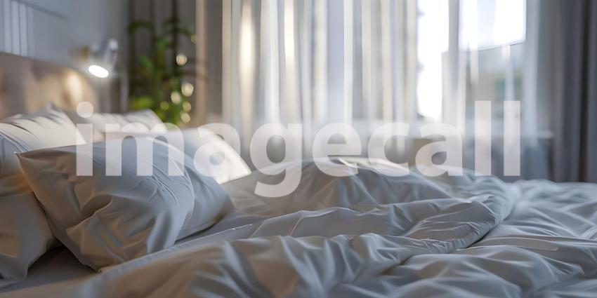 Comfortable bed with soft white pillows and bedding in bed background - Ai Generated