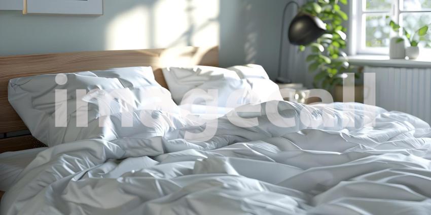 Comfortable bed with soft white pillows and bedding in bed background - Ai Generated