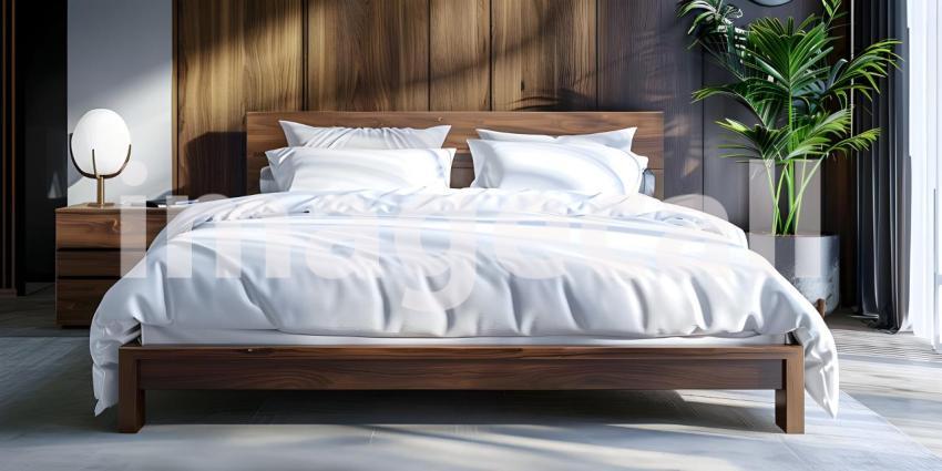 Comfortable bed with soft white pillows and bedding in bed background - Ai Generated