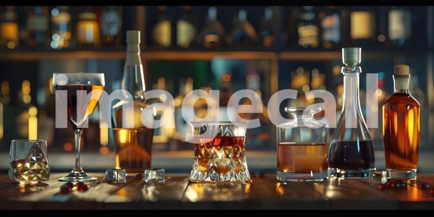 Different bitters and liqueurs on table in bar background - Ai Generated