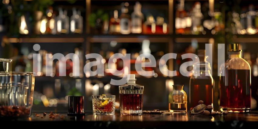 Different bitters and liqueurs on table in bar background - Ai Generated
