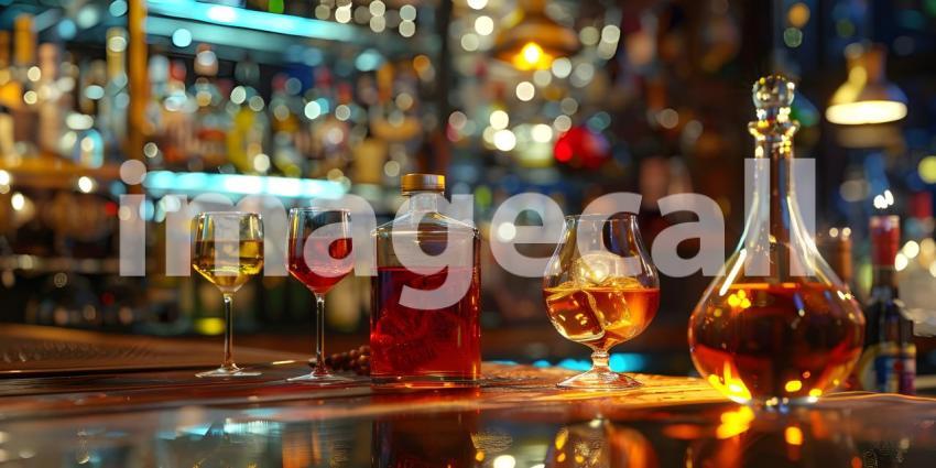 Different bitters and liqueurs on table in bar background - Ai Generated