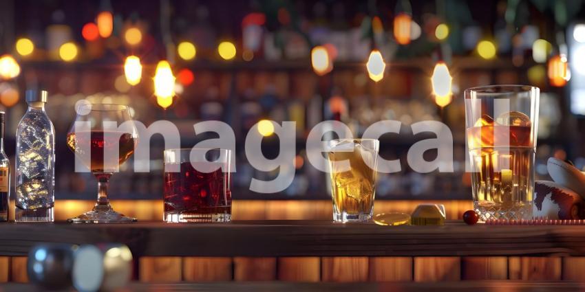 Different bitters and liqueurs on table in bar background - Ai Generated