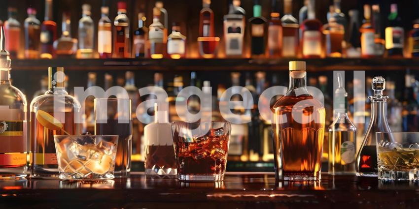 Different bitters and liqueurs on table in bar background - Ai Generated