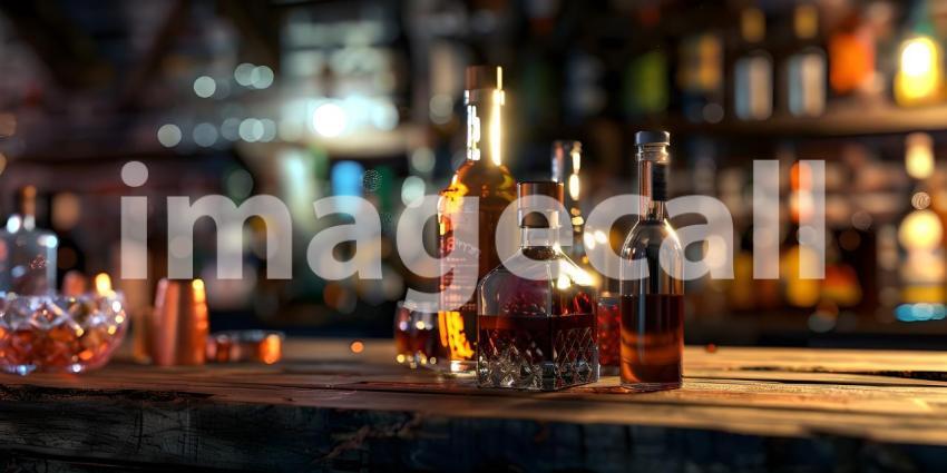 Different bitters and liqueurs on table in bar background - Ai Generated