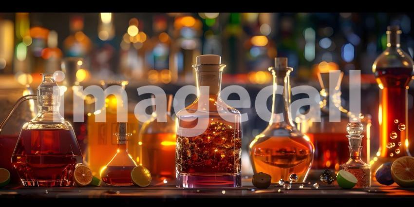 Different bitters and liqueurs on table in bar background - Ai Generated