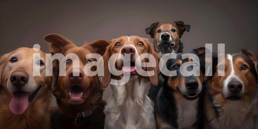 Dogs of different breeds happily gathered together and looking at camera background, - Ai Generated