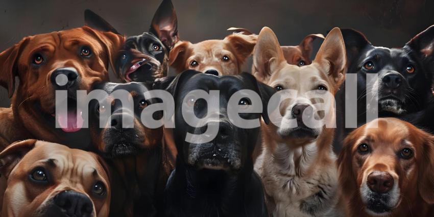 Dogs of different breeds happily gathered together and looking at camera background, - Ai Generated