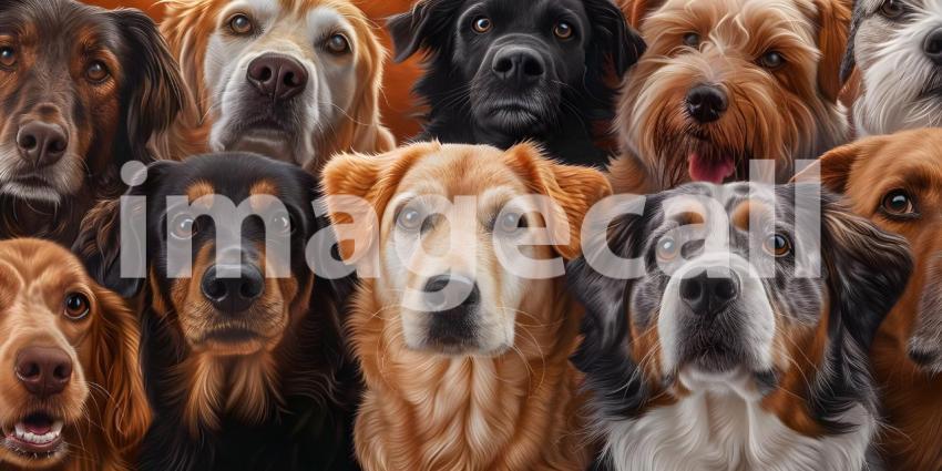 Dogs of different breeds happily gathered together and looking at camera background, - Ai Generated