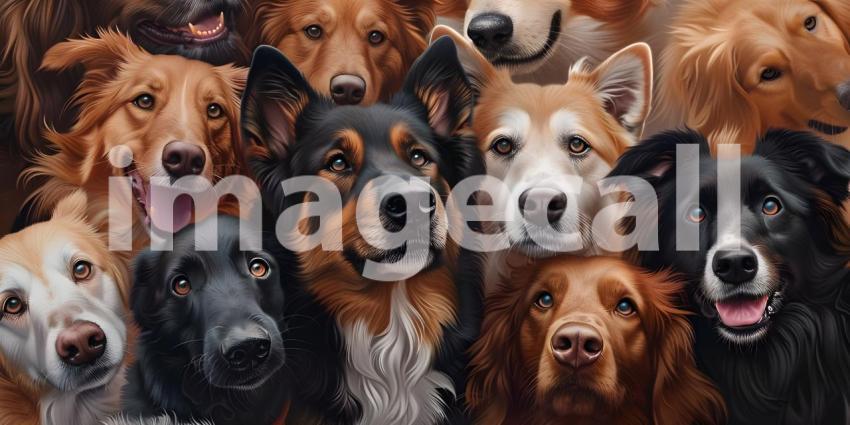 Dogs of different breeds happily gathered together and looking at camera background, - Ai Generated