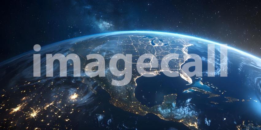 Earth at night from outer space with city lights on North America continent background - Ai Generated