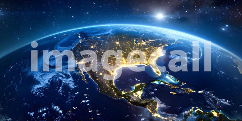 Earth at night from outer space with city lights on North America continent background - Ai Generated
