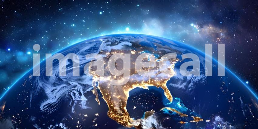 Earth at night from outer space with city lights on North America continent background - Ai Generated