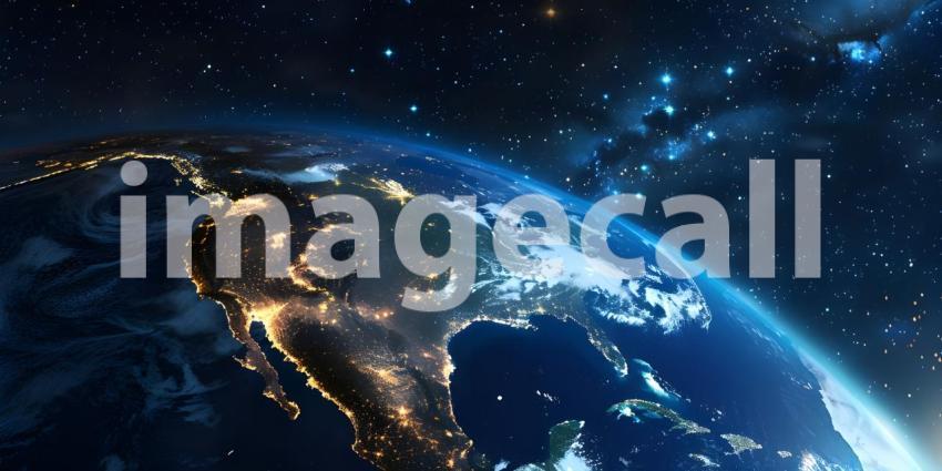 Earth at night from outer space with city lights on North America continent background - Ai Generated