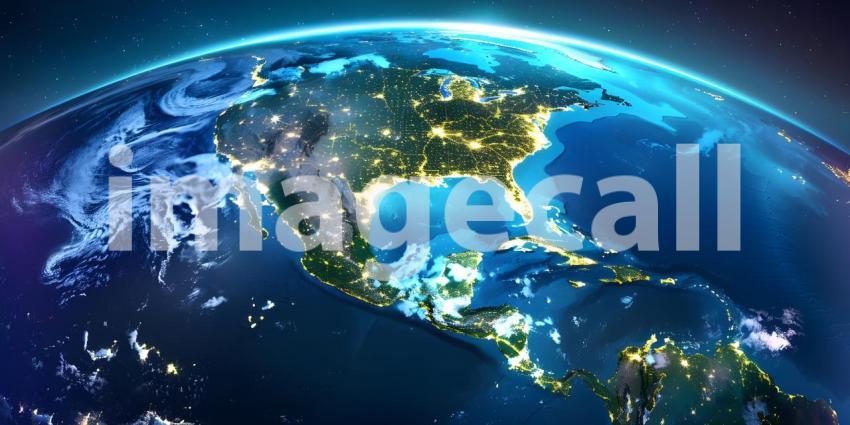 Earth at night from outer space with city lights on North America continent background - Ai Generated