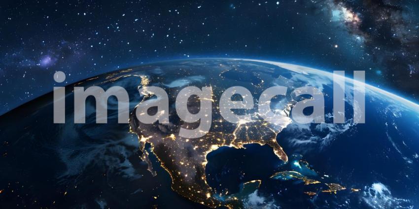 Earth at night from outer space with city lights on North America continent background - Ai Generated