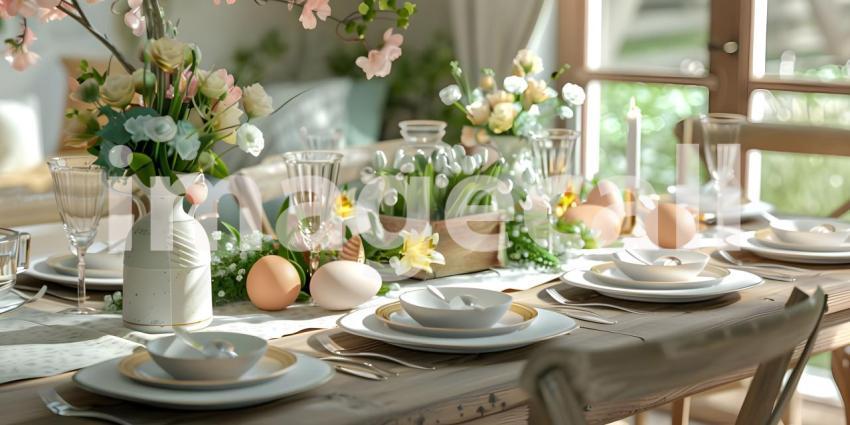 Easter table setting eggs and flowers decoration - Ai Generated