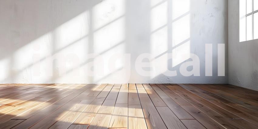 Empty wall and wooden floor with glare from the window - Ai Generated