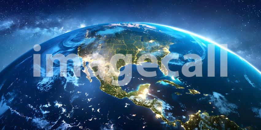 Earth at night from outer space with city lights on North America continent background - Ai Generated
