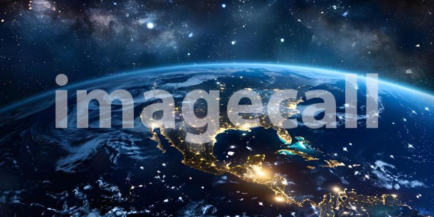 Earth at night from outer space with city lights on North America continent background - Ai Generated