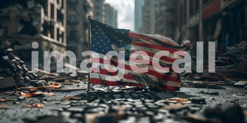 Fallen American flag against the background of destroyed skyscrapers background - Ai Generated
