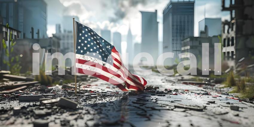 Fallen American flag against the background of destroyed skyscrapers background - Ai Generated