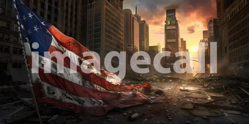 Fallen American flag against the background of destroyed skyscrapers background - Ai Generated