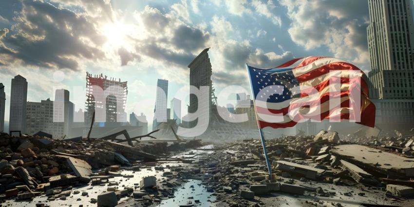 Fallen American flag against the background of destroyed skyscrapers background - Ai Generated