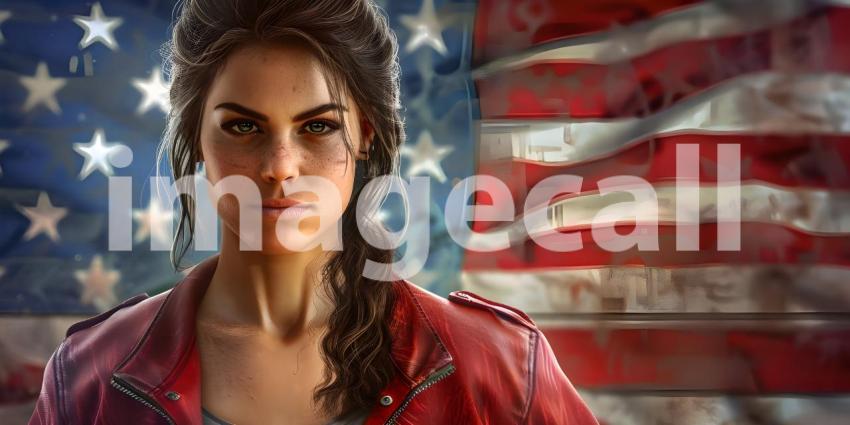 Female American in front of American flag - Ai Generated