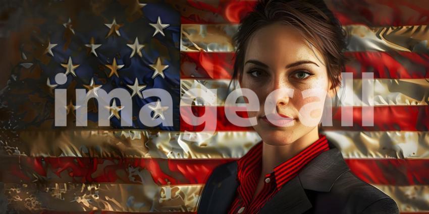 Female American in front of American flag - Ai Generated