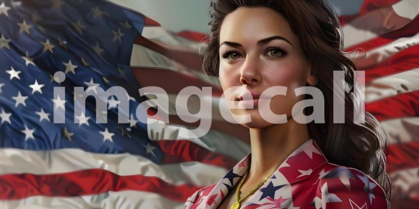 Female American in front of American flag - Ai Generated