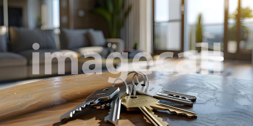 Keys on the table in new apartment with Blurred Background - Ai Generated
