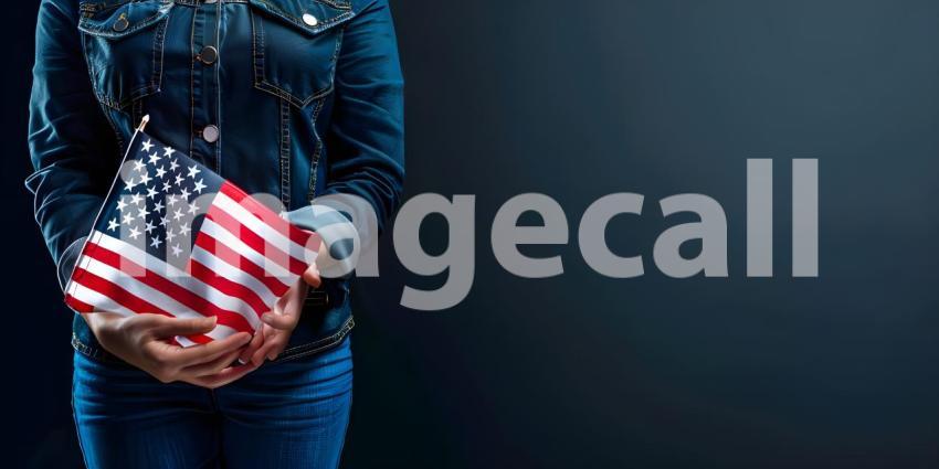 Woman holds an American flag in her hands background - Ai Generated