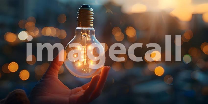 Hand held light bulb with bokeh Background - Ai Generated