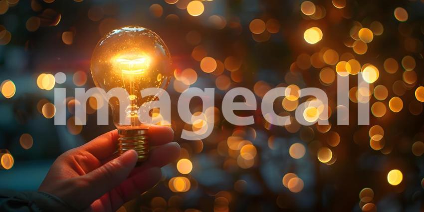 Hand held light bulb with bokeh Background - Ai Generated