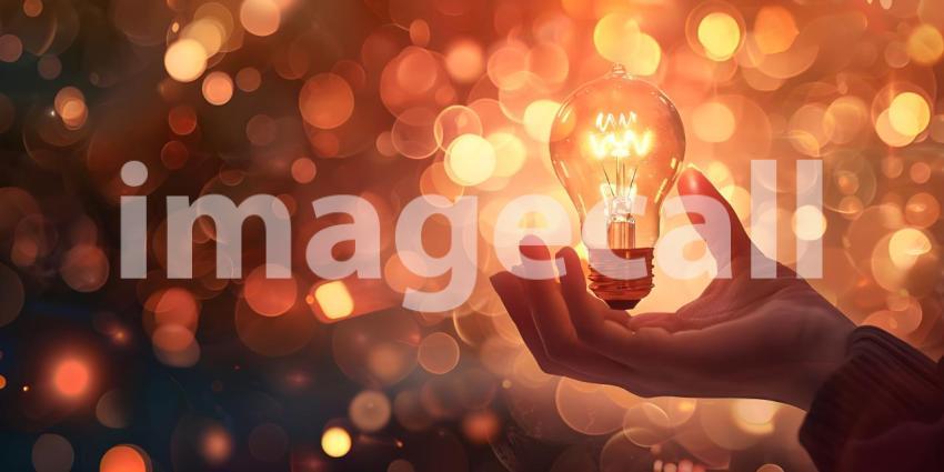 Hand held light bulb with bokeh Background - Ai Generated