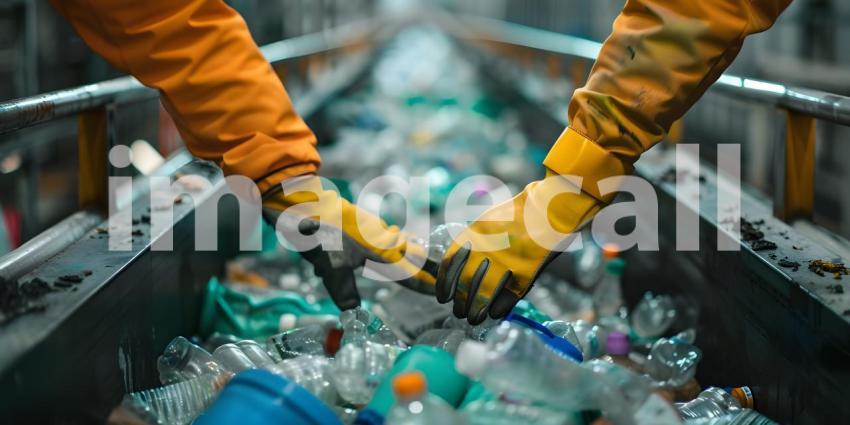 Hands of the employee in gloves On the conveyor for recycling and sorting garbage background - Ai Generated