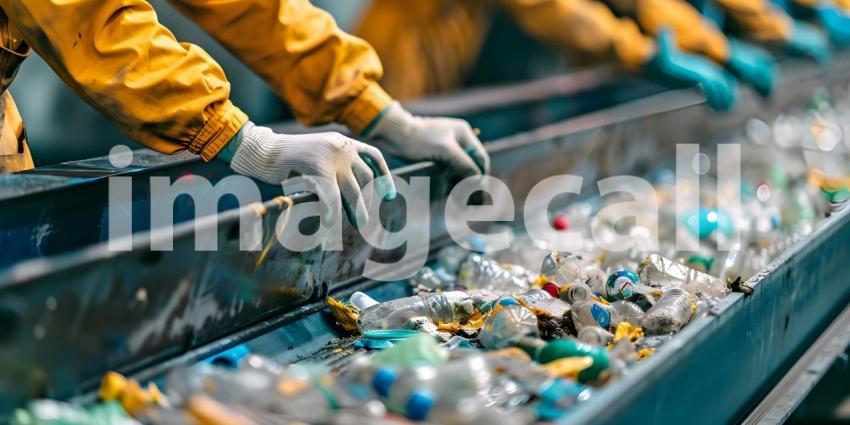 Hands of the employee in gloves On the conveyor for recycling and sorting garbage background - Ai Generated