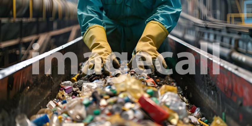 Hands of the employee in gloves On the conveyor for recycling and sorting garbage background - Ai Generated