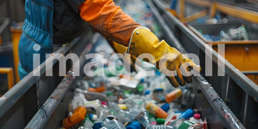 Hands of the employee in gloves On the conveyor for recycling and sorting garbage background - Ai Generated