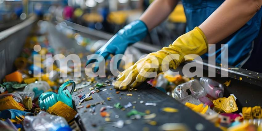 Hands of the employee in gloves On the conveyor for recycling and sorting garbage background - Ai Generated