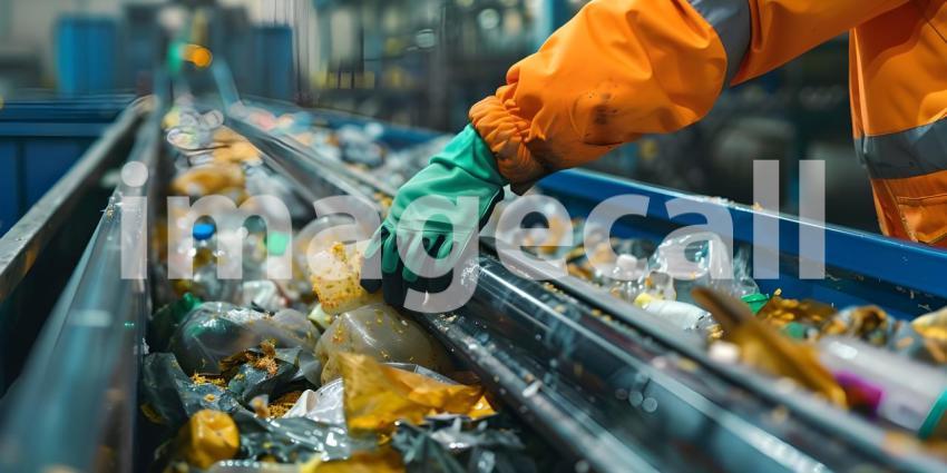 Hands of the employee in gloves On the conveyor for recycling and sorting garbage background - Ai Generated