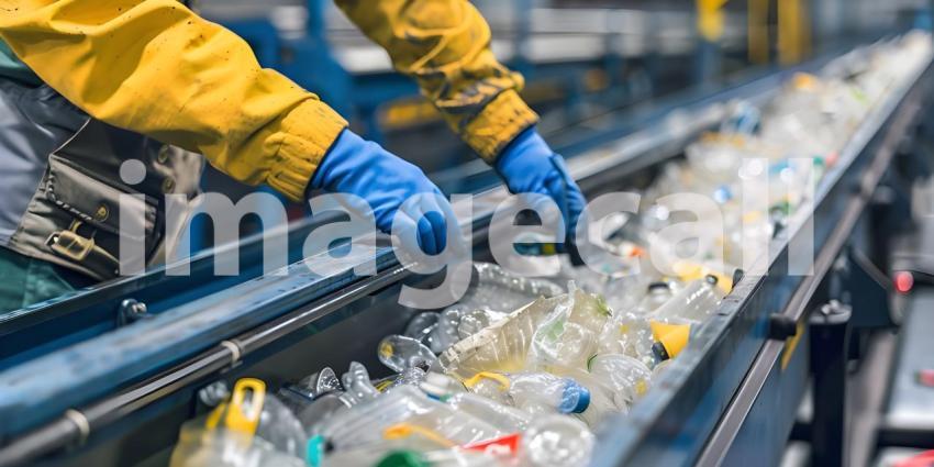 Hands of the employee in gloves On the conveyor for recycling and sorting garbage background - Ai Generated